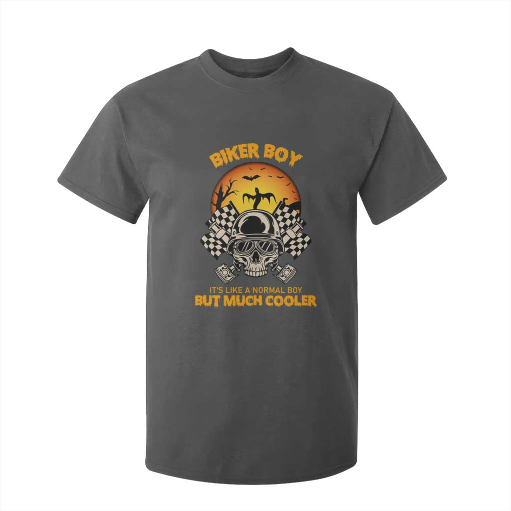 Funny Skull Motocycle Halloween Biker Son T Shirt For Kid Biker Boy It's Like A Normal Boy But Much Cooler TS14 Dark Heather Print Your Wear