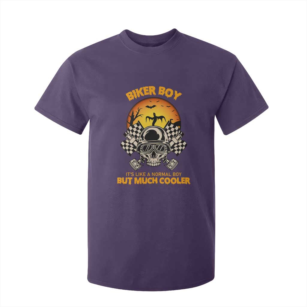 Funny Skull Motocycle Halloween Biker Son T Shirt For Kid Biker Boy It's Like A Normal Boy But Much Cooler TS14 Purple Print Your Wear