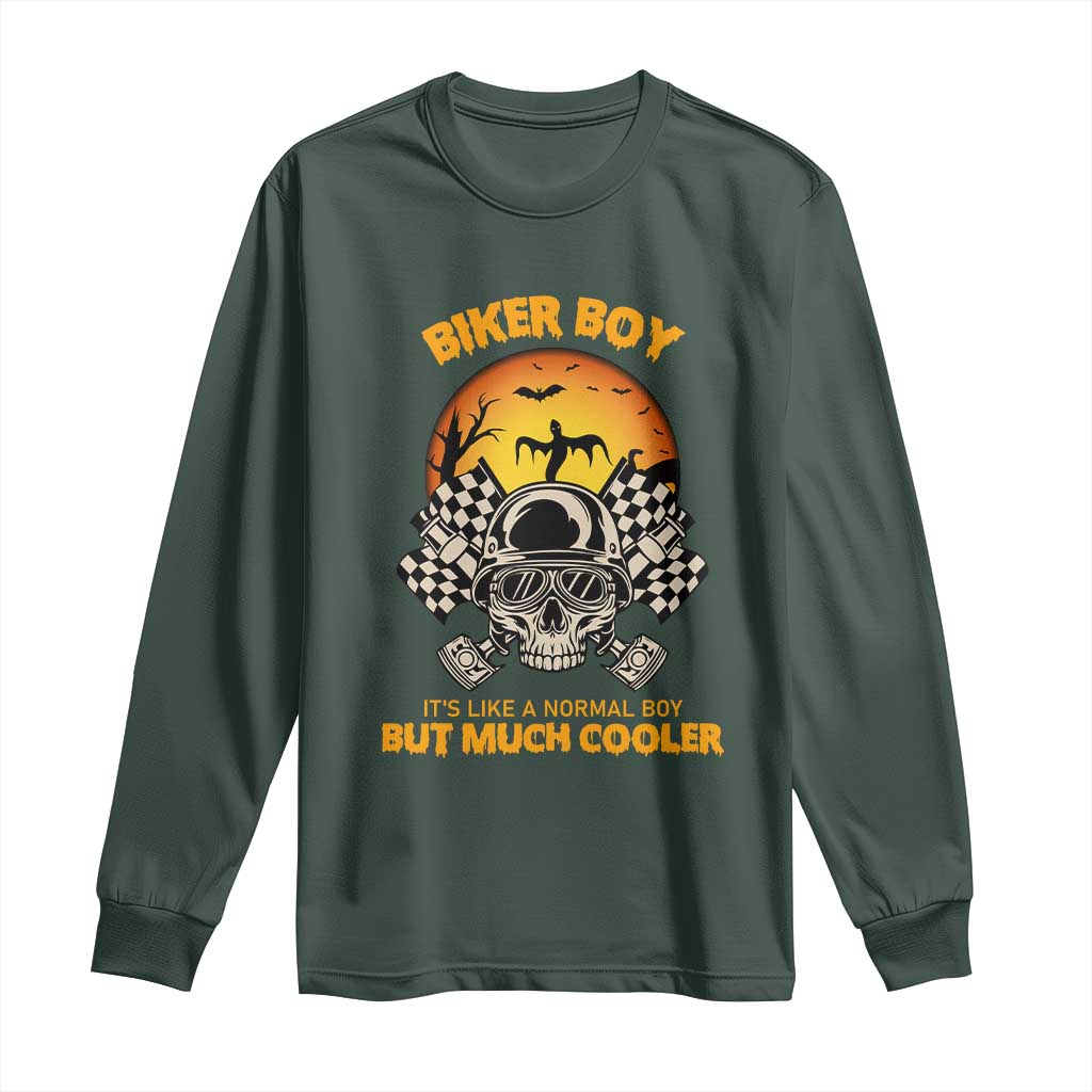 Funny Skull Motocycle Halloween Biker Son Long Sleeve Shirt Biker Boy It's Like A Normal Boy But Much Cooler TS14 Dark Forest Green Print Your Wear