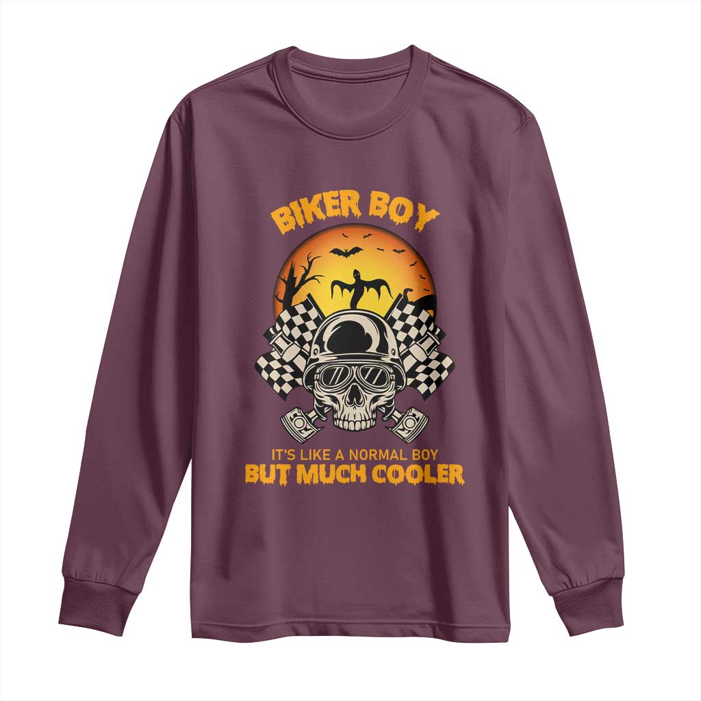 Funny Skull Motocycle Halloween Biker Son Long Sleeve Shirt Biker Boy It's Like A Normal Boy But Much Cooler TS14 Maroon Print Your Wear