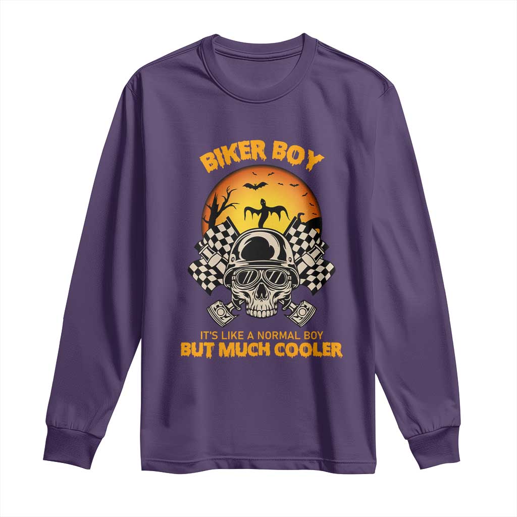 Funny Skull Motocycle Halloween Biker Son Long Sleeve Shirt Biker Boy It's Like A Normal Boy But Much Cooler TS14 Purple Print Your Wear