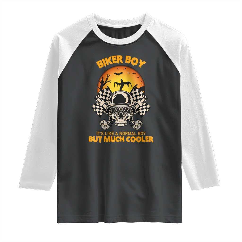 Funny Skull Motocycle Halloween Biker Son Raglan Shirt Biker Boy It's Like A Normal Boy But Much Cooler TS14 Black White Print Your Wear