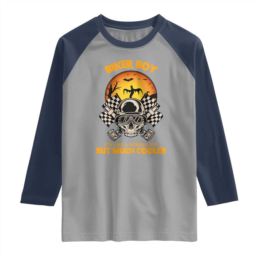 Funny Skull Motocycle Halloween Biker Son Raglan Shirt Biker Boy It's Like A Normal Boy But Much Cooler TS14 Sport Gray Navy Print Your Wear