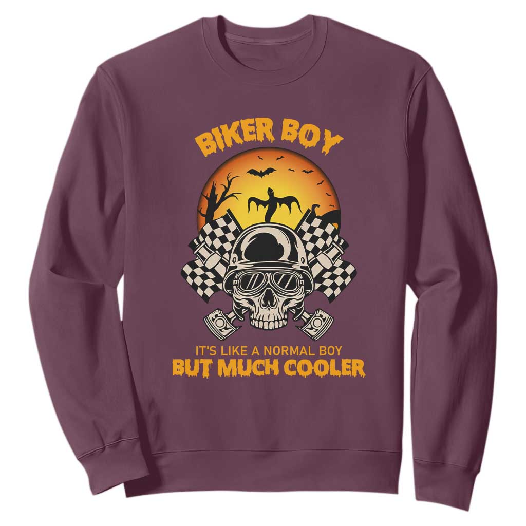 Funny Skull Motocycle Halloween Biker Son Sweatshirt Biker Boy It's Like A Normal Boy But Much Cooler TS14 Maroon Print Your Wear