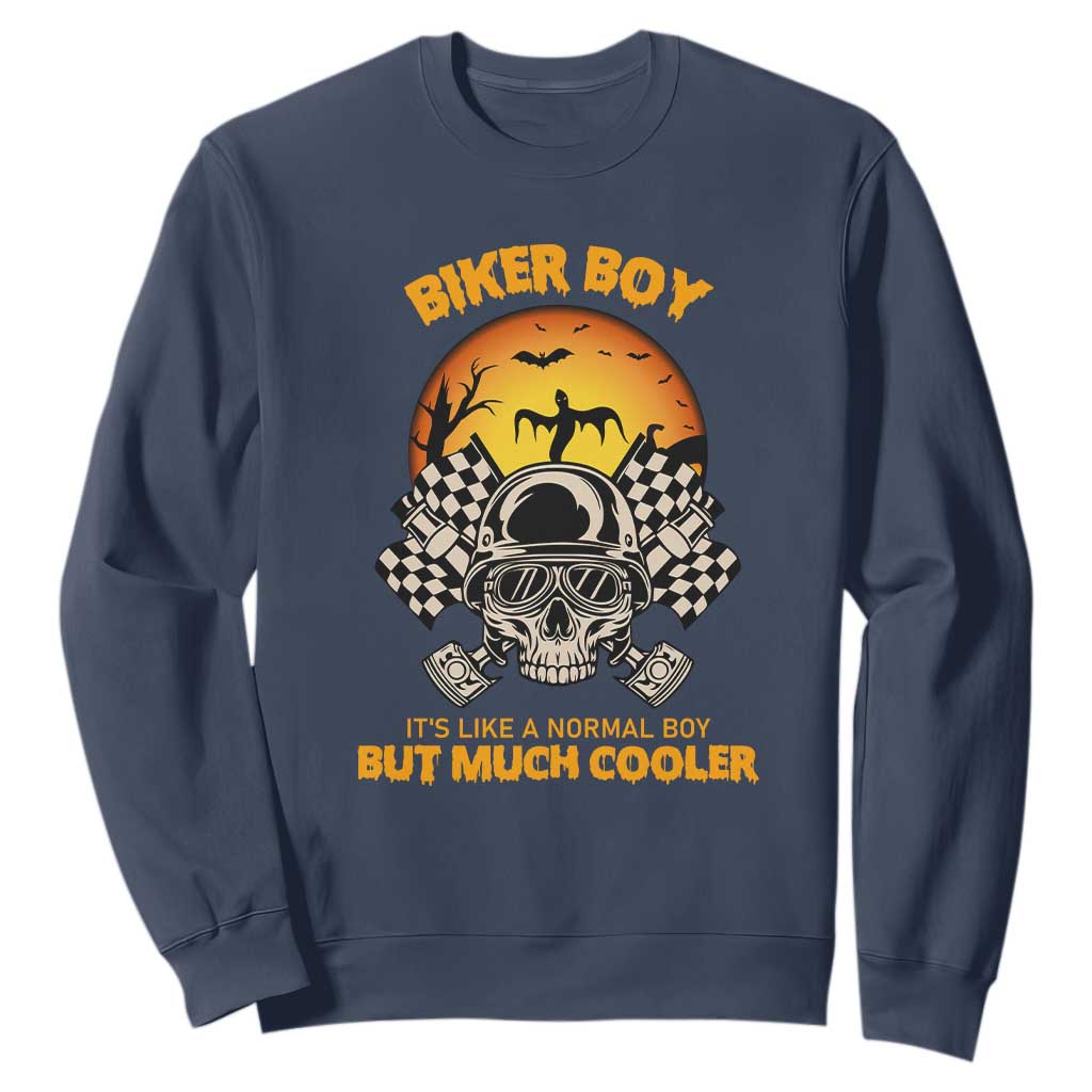 Funny Skull Motocycle Halloween Biker Son Sweatshirt Biker Boy It's Like A Normal Boy But Much Cooler TS14 Navy Print Your Wear