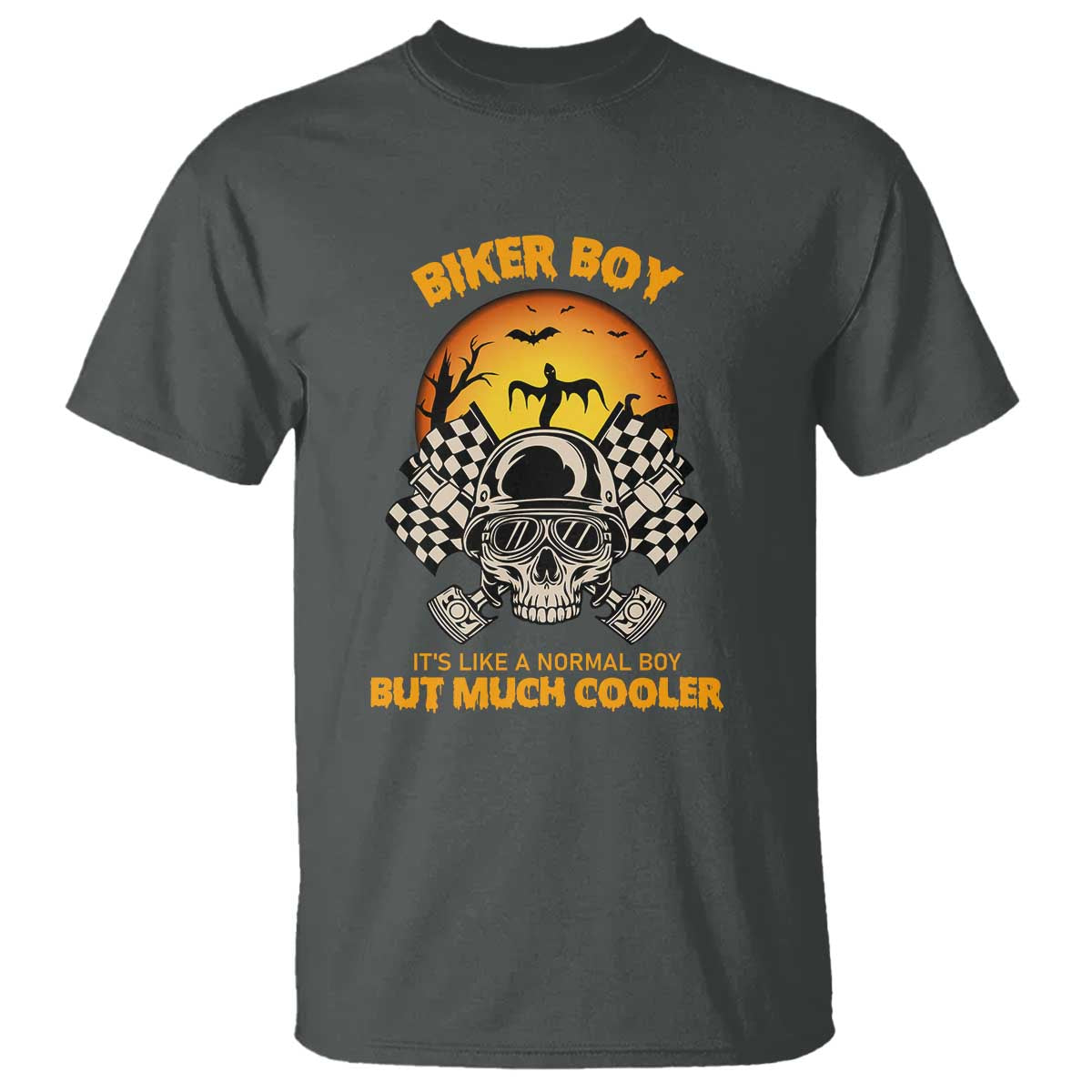 Funny Skull Motocycle Halloween Biker Son T Shirt Biker Boy It's Like A Normal Boy But Much Cooler TS14 Dark Heather Print Your Wear
