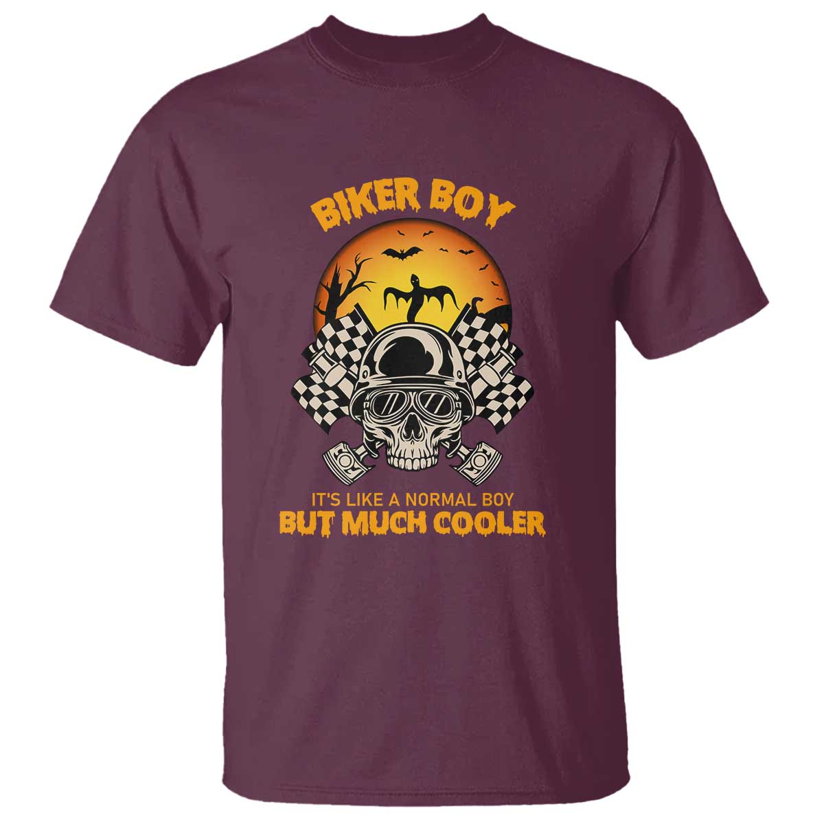 Funny Skull Motocycle Halloween Biker Son T Shirt Biker Boy It's Like A Normal Boy But Much Cooler TS14 Maroon Print Your Wear