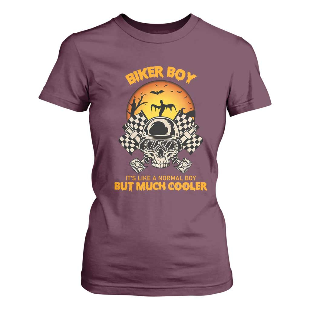 Funny Skull Motocycle Halloween Biker Son T Shirt For Women Biker Boy It's Like A Normal Boy But Much Cooler TS14 Maroon Print Your Wear