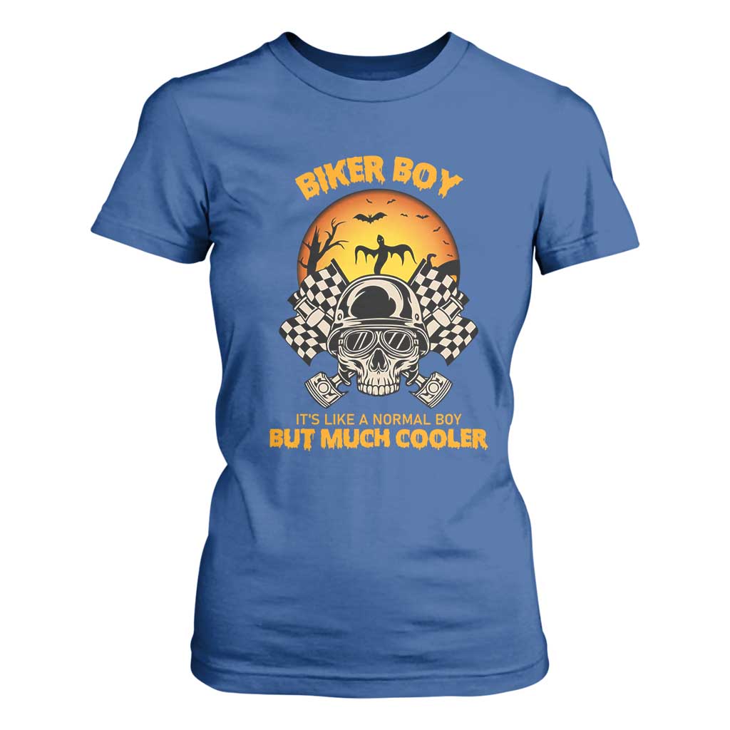 Funny Skull Motocycle Halloween Biker Son T Shirt For Women Biker Boy It's Like A Normal Boy But Much Cooler TS14 Royal Blue Print Your Wear