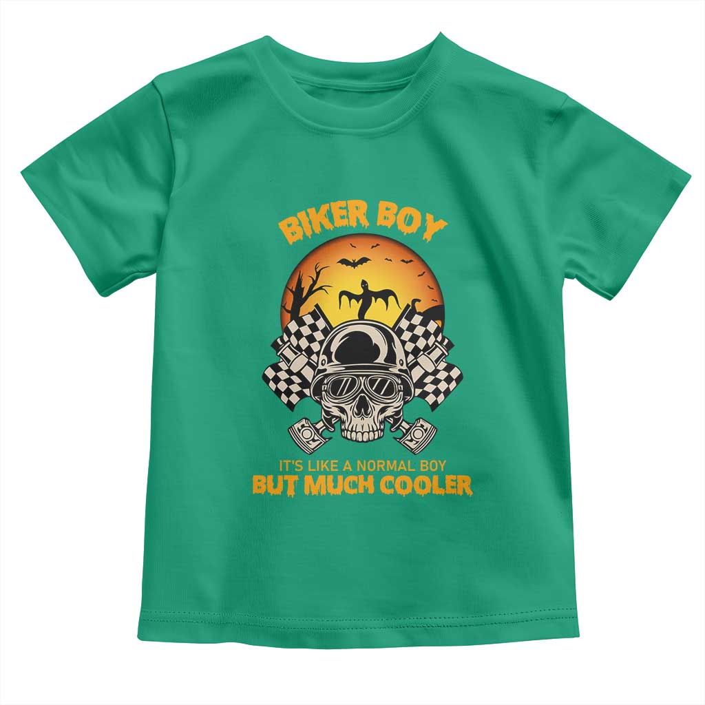 Funny Skull Motocycle Halloween Biker Son Toddler T Shirt Biker Boy It's Like A Normal Boy But Much Cooler TS14 Irish Green Print Your Wear