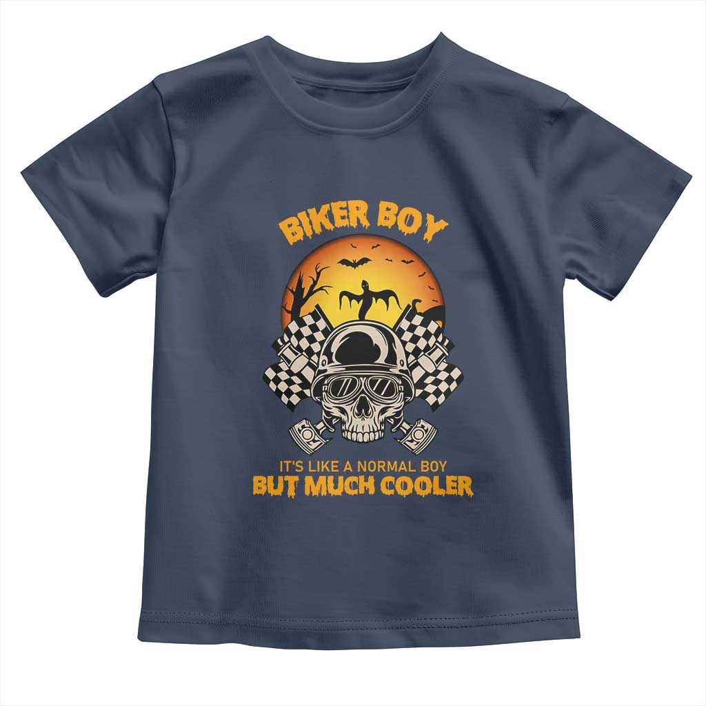 Funny Skull Motocycle Halloween Biker Son Toddler T Shirt Biker Boy It's Like A Normal Boy But Much Cooler TS14 Navy Print Your Wear
