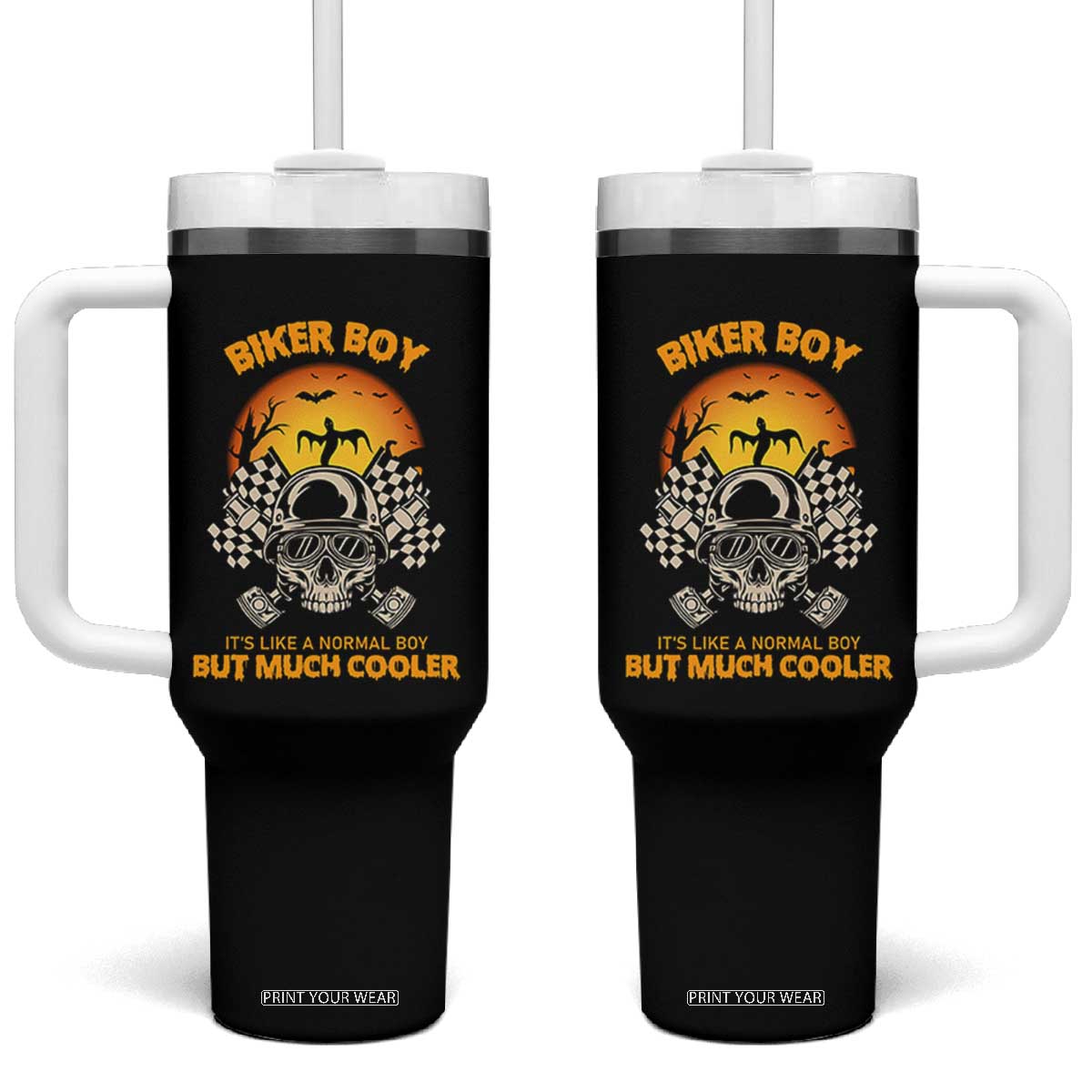 Funny Skull Motocycle Halloween Biker Son Tumbler With Handle Biker Boy It's Like A Normal Boy But Much Cooler TS14 One Size: 40 oz Black Print Your Wear