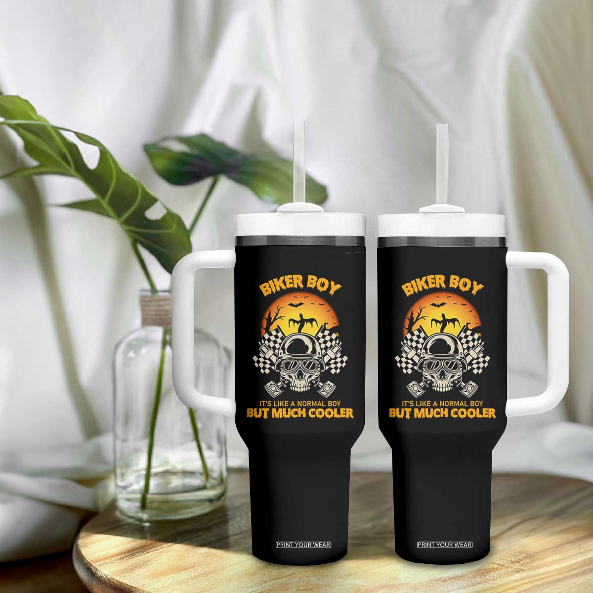 Funny Skull Motocycle Halloween Biker Son Tumbler With Handle Biker Boy It's Like A Normal Boy But Much Cooler TS14 Print Your Wear