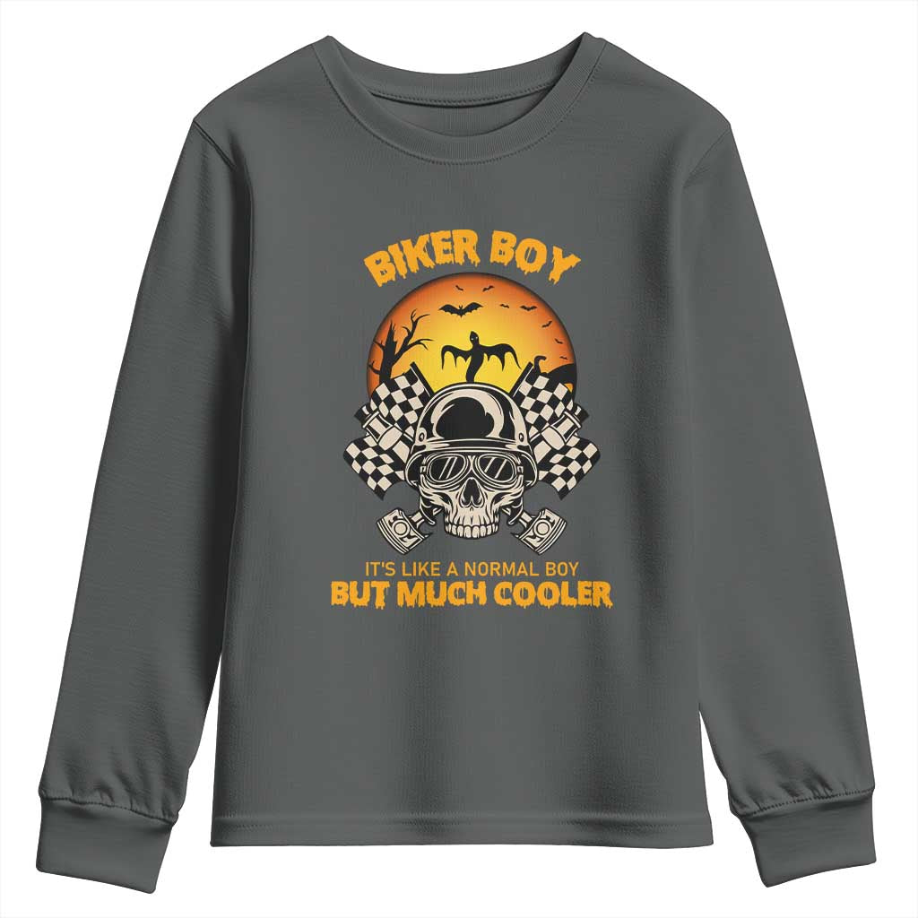 Funny Skull Motocycle Halloween Biker Son Youth Sweatshirt Biker Boy It's Like A Normal Boy But Much Cooler TS14 Dark Heather Print Your Wear