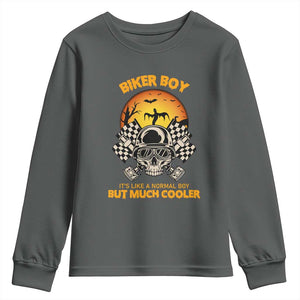 Funny Skull Motocycle Halloween Biker Son Youth Sweatshirt Biker Boy It's Like A Normal Boy But Much Cooler TS14 Dark Heather Print Your Wear