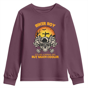Funny Skull Motocycle Halloween Biker Son Youth Sweatshirt Biker Boy It's Like A Normal Boy But Much Cooler TS14 Maroon Print Your Wear