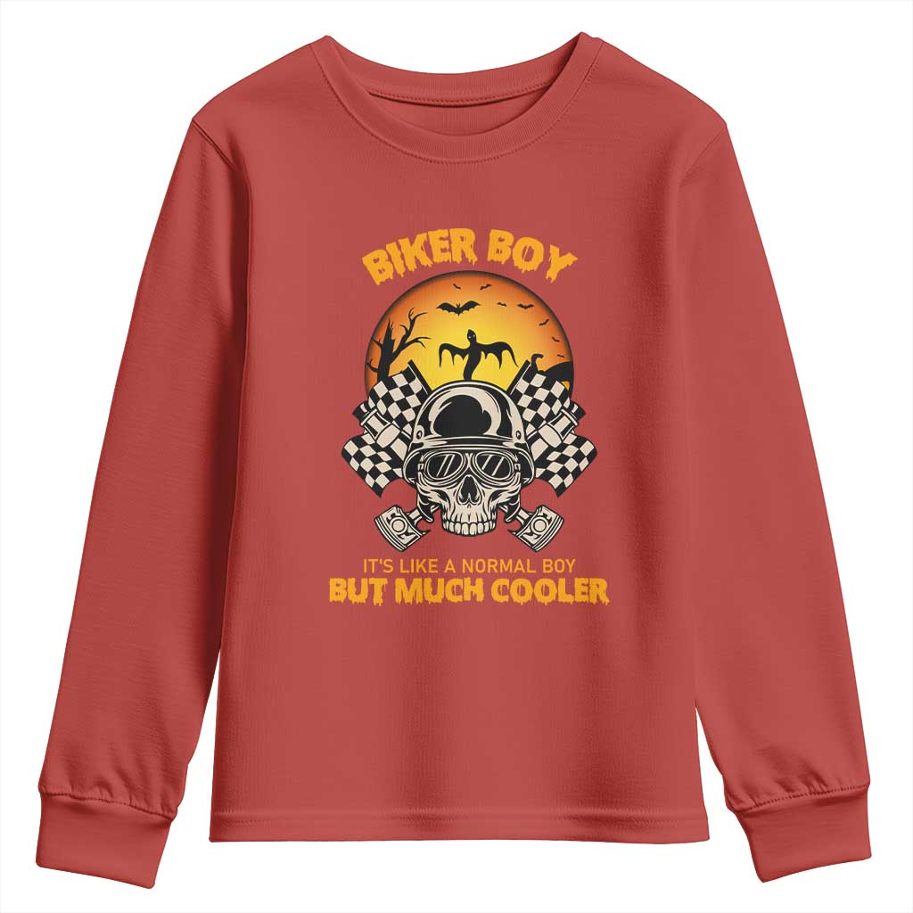 Funny Skull Motocycle Halloween Biker Son Youth Sweatshirt Biker Boy It's Like A Normal Boy But Much Cooler TS14 Red Print Your Wear