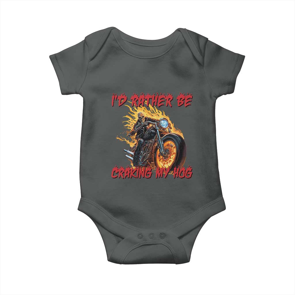 Funny Biker Skeleton Motorcycle Rider Baby Onesie I Would Rather Be Cranking My Hog TS14 Dark Heather Print Your Wear