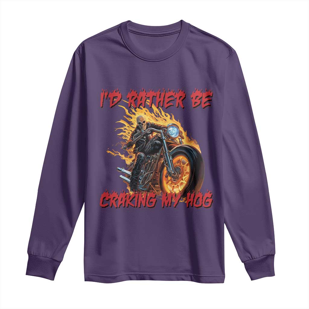 Funny Biker Skeleton Motorcycle Rider Long Sleeve Shirt I Would Rather Be Cranking My Hog TS14 Purple Print Your Wear
