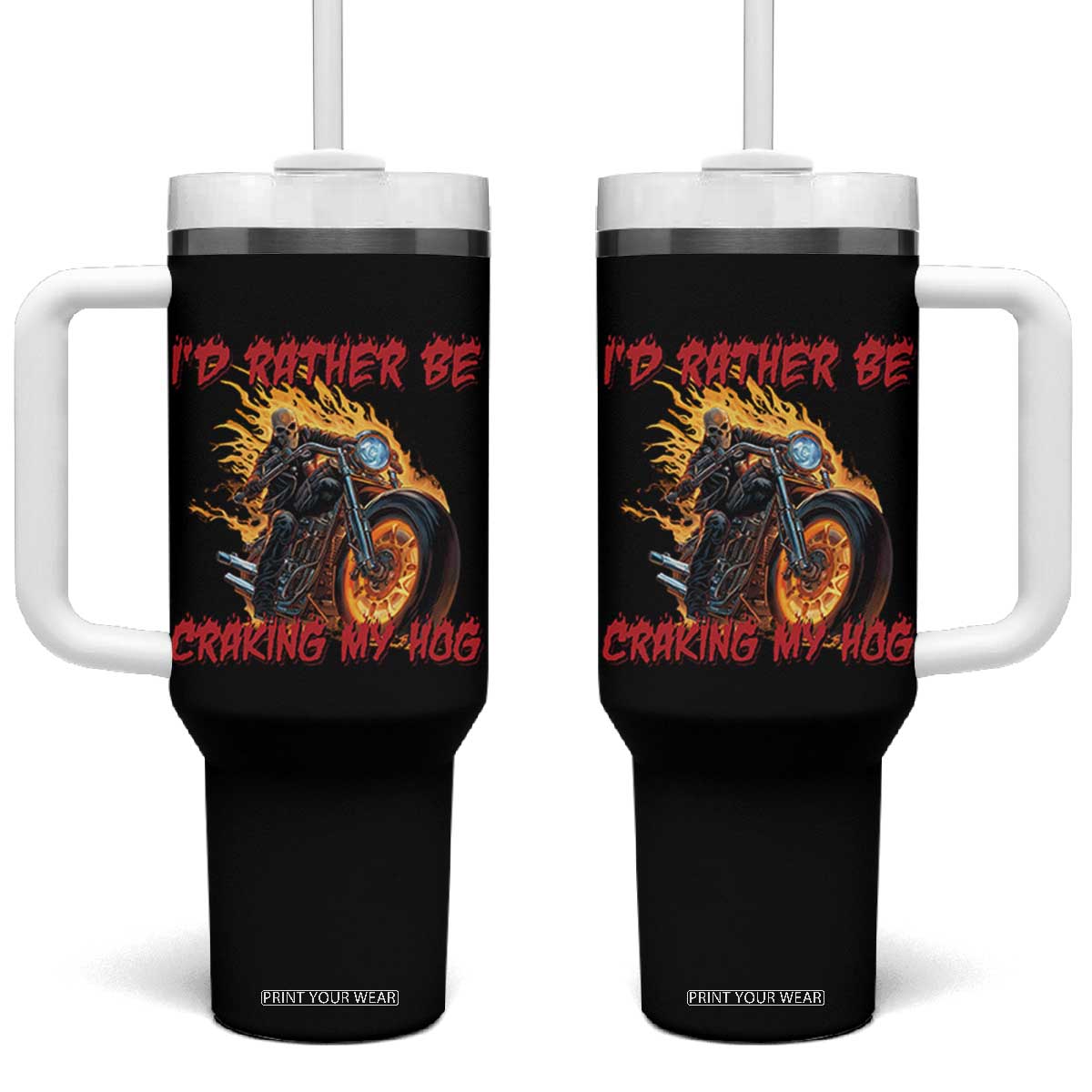 Funny Biker Skeleton Motorcycle Rider Tumbler With Handle I Would Rather Be Cranking My Hog TS14 One Size: 40 oz Black Print Your Wear