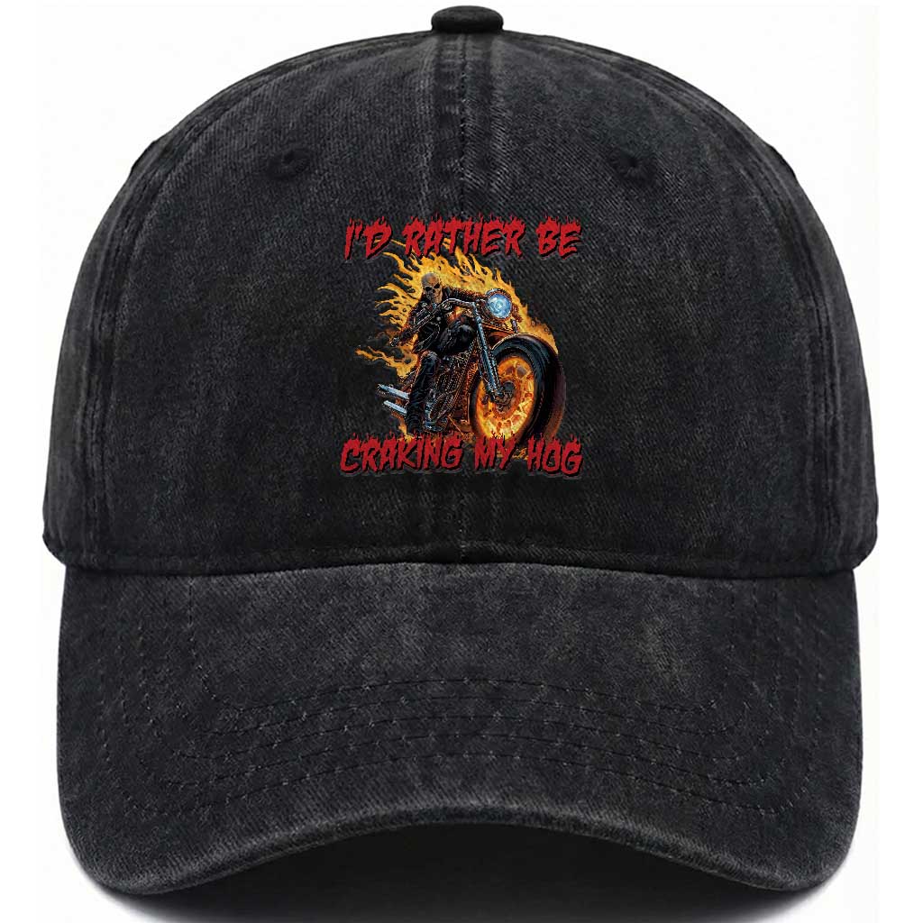Funny Biker Skeleton Motorcycle Rider Washed Cotton Baseball Cap I Would Rather Be Cranking My Hog TS14 Washed Cap Universal Fit Black Print Your Wear