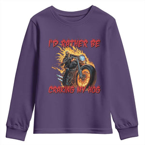 Funny Biker Skeleton Motorcycle Rider Youth Sweatshirt I Would Rather Be Cranking My Hog TS14 Purple Print Your Wear
