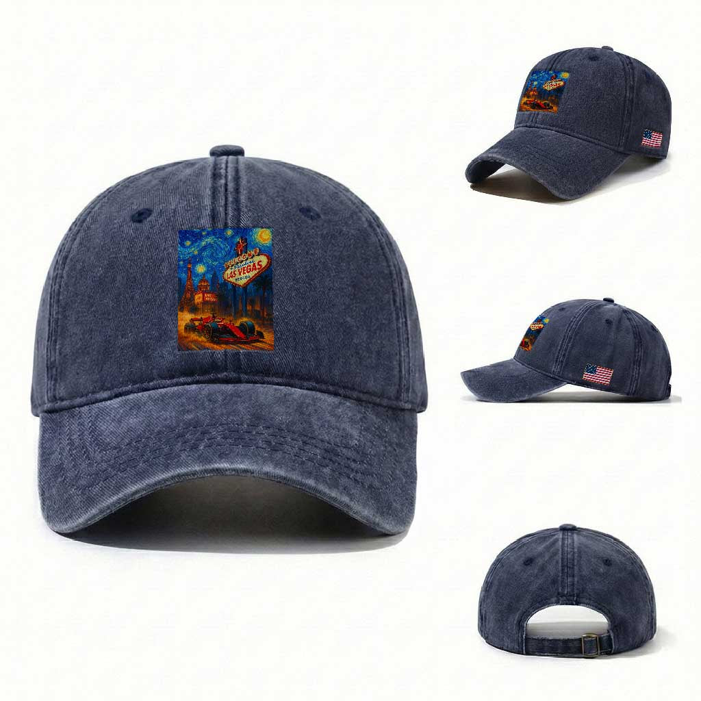 Racing Car Starry Night Las Vegas Race Day Washed Cotton Baseball Cap TS14 Washed Cap Universal Fit Navy Print Your Wear