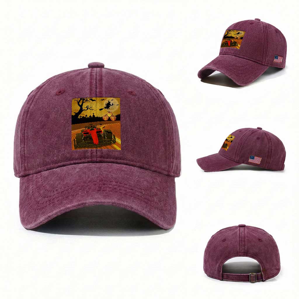 Vintage Race Car Halloween Pumpkin Retro Racing Washed Cotton Baseball Cap TS14 Washed Cap Universal Fit Burgundy Print Your Wear