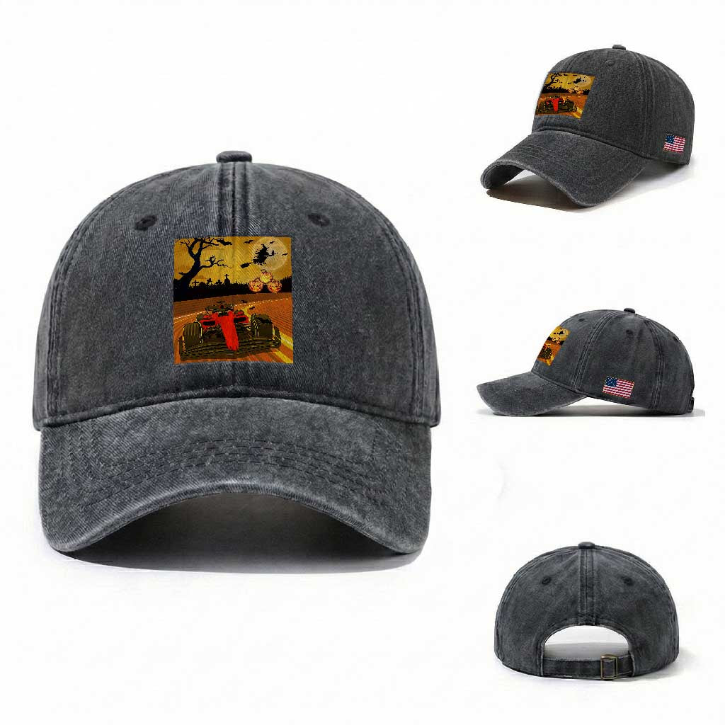 Vintage Race Car Halloween Pumpkin Retro Racing Washed Cotton Baseball Cap TS14 Washed Cap Universal Fit Dark Gray Print Your Wear