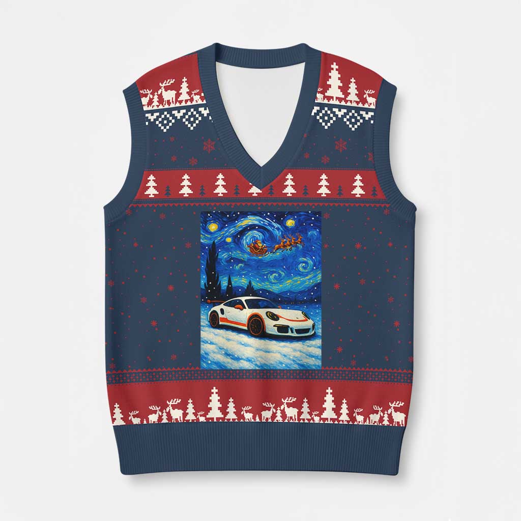 Racing Sports Car V-Neck Knit Sweater Vest Porsche 911 Starry Night Racing Silhouette TS14 Navy Red Print Your Wear