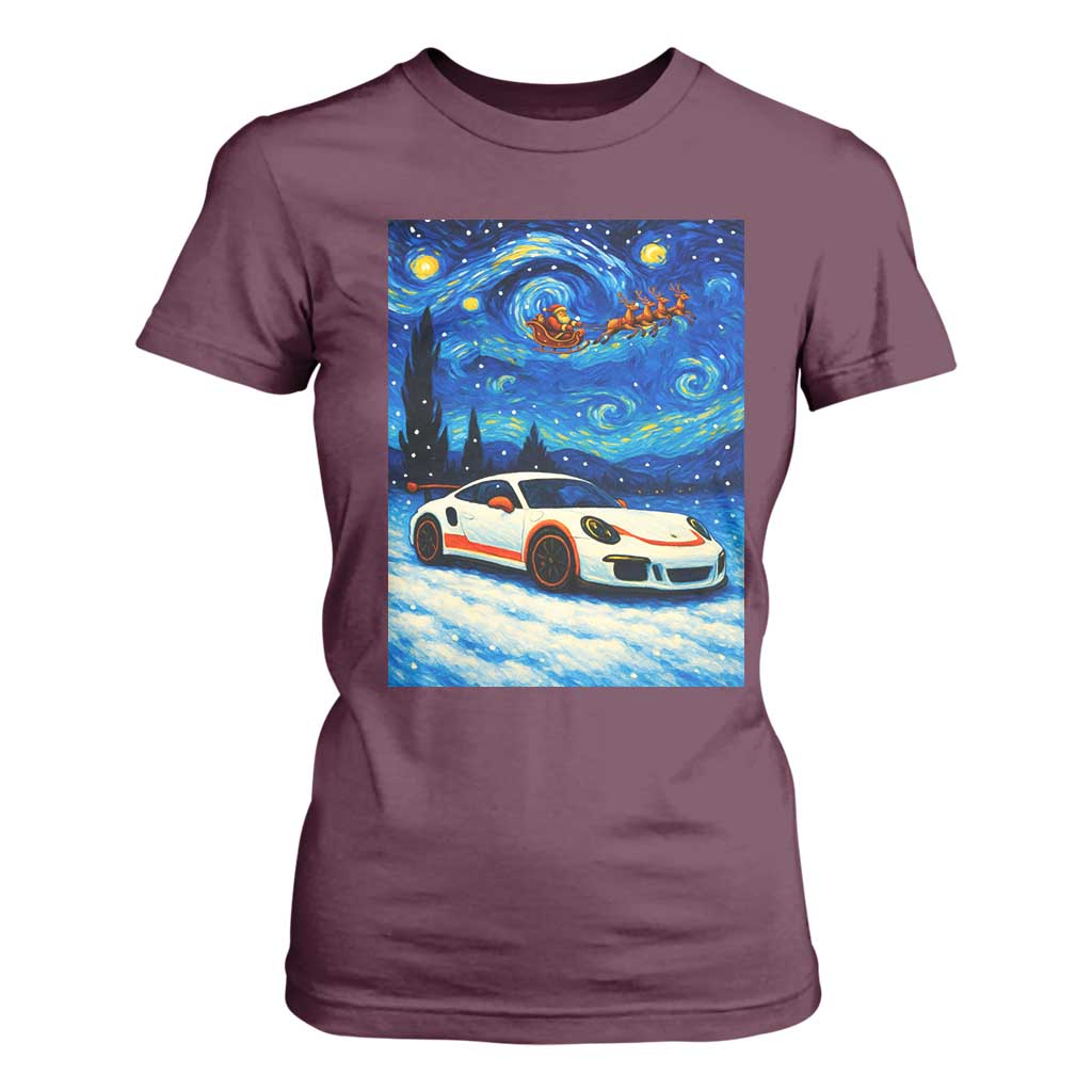 Racing Sports Car T Shirt For Women Porsche 911 Starry Night Racing Silhouette TS14 Maroon Print Your Wear