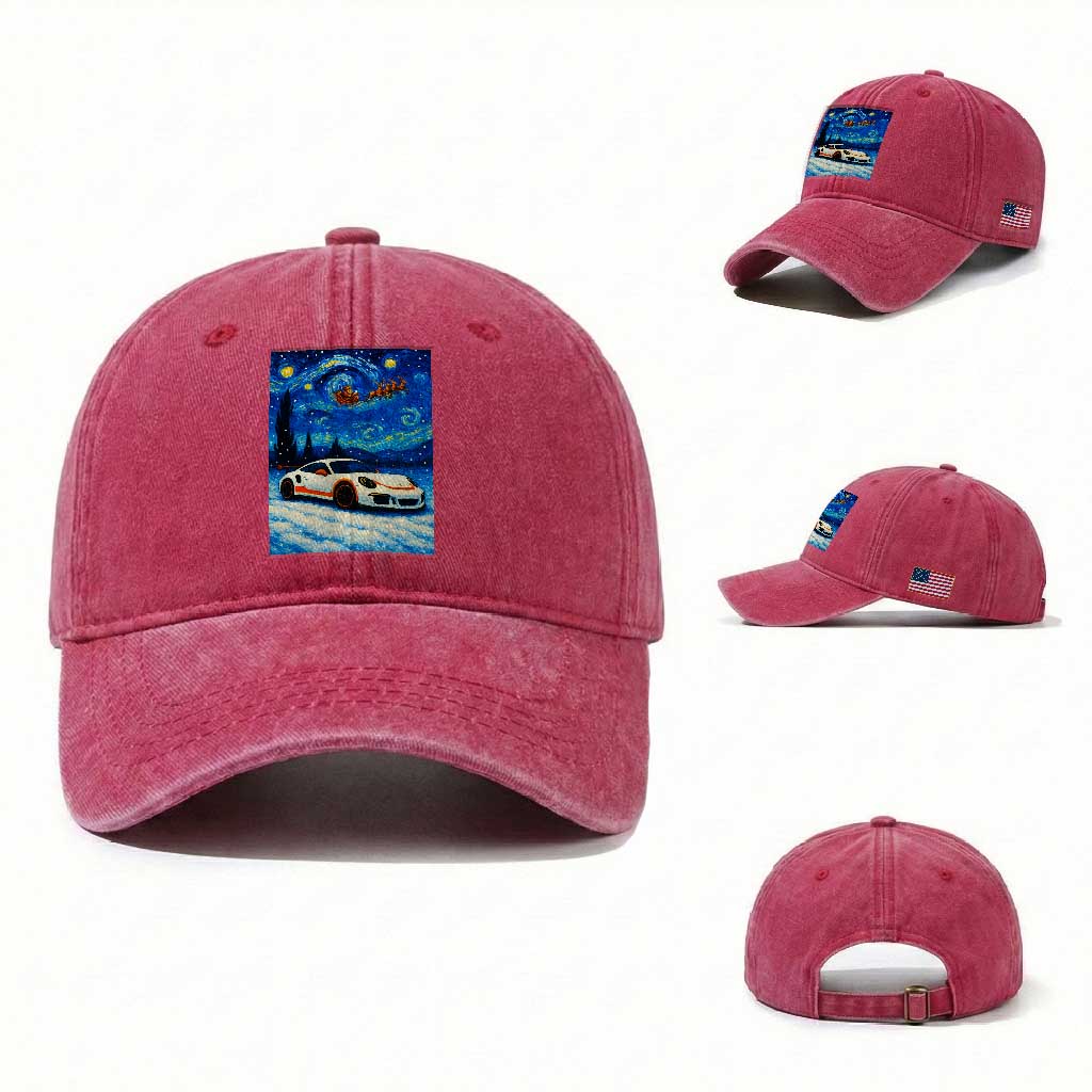 Racing Sports Car Washed Cotton Baseball Cap Starry Night Racing Silhouette TS14 Washed Cap Universal Fit Red Print Your Wear