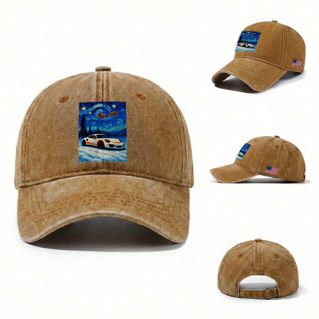 Racing Sports Car Washed Cotton Baseball Cap Starry Night Racing Silhouette TS14 Washed Cap Universal Fit Yellow Ochre Print Your Wear