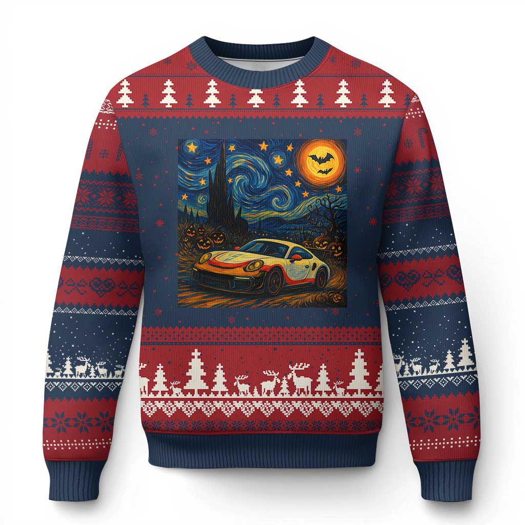Racing Sports Ugly Christmas Sweater Starry Night 911 Silhouette Halloween TS14 Navy Red Print Your Wear