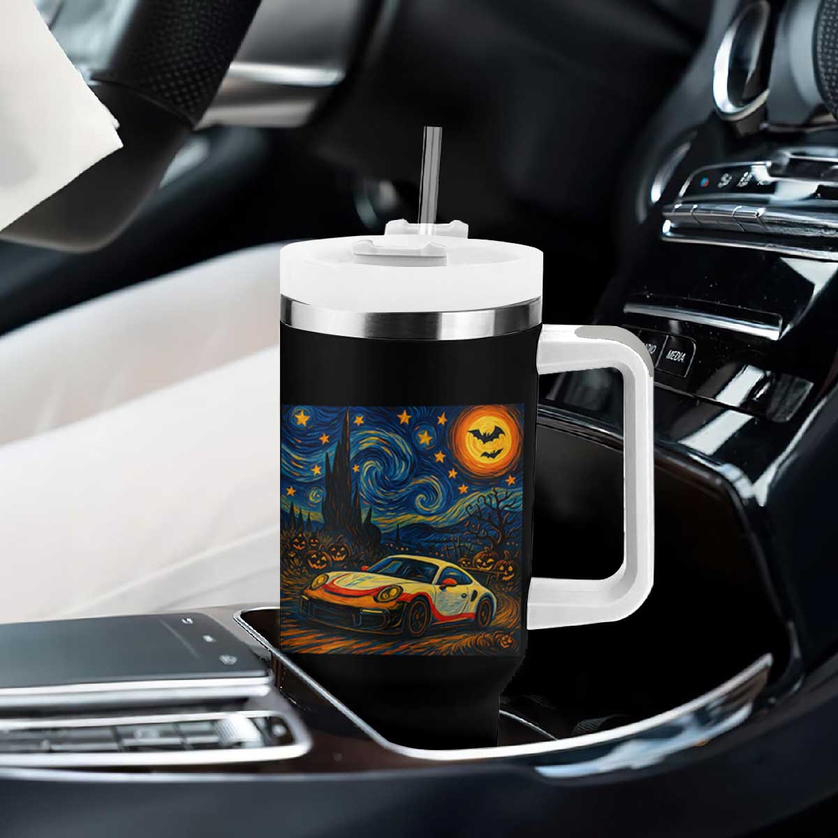 Racing Sports Tumbler With Handle Starry Night 911 Silhouette Halloween TS14 Print Your Wear