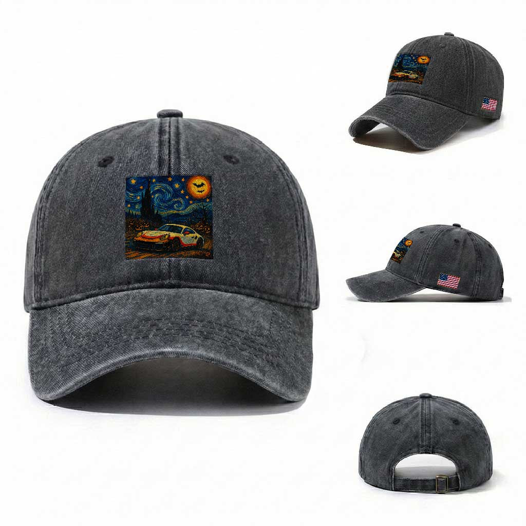 Racing Sports Washed Cotton Baseball Cap Starry Night 911 Silhouette Halloween TS14 Washed Cap Universal Fit Dark Gray Print Your Wear