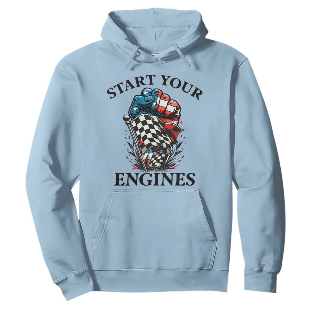 Checkered American Flag Racing Hoodie Start Your Engines Race Car TS14 Light Blue Print Your Wear