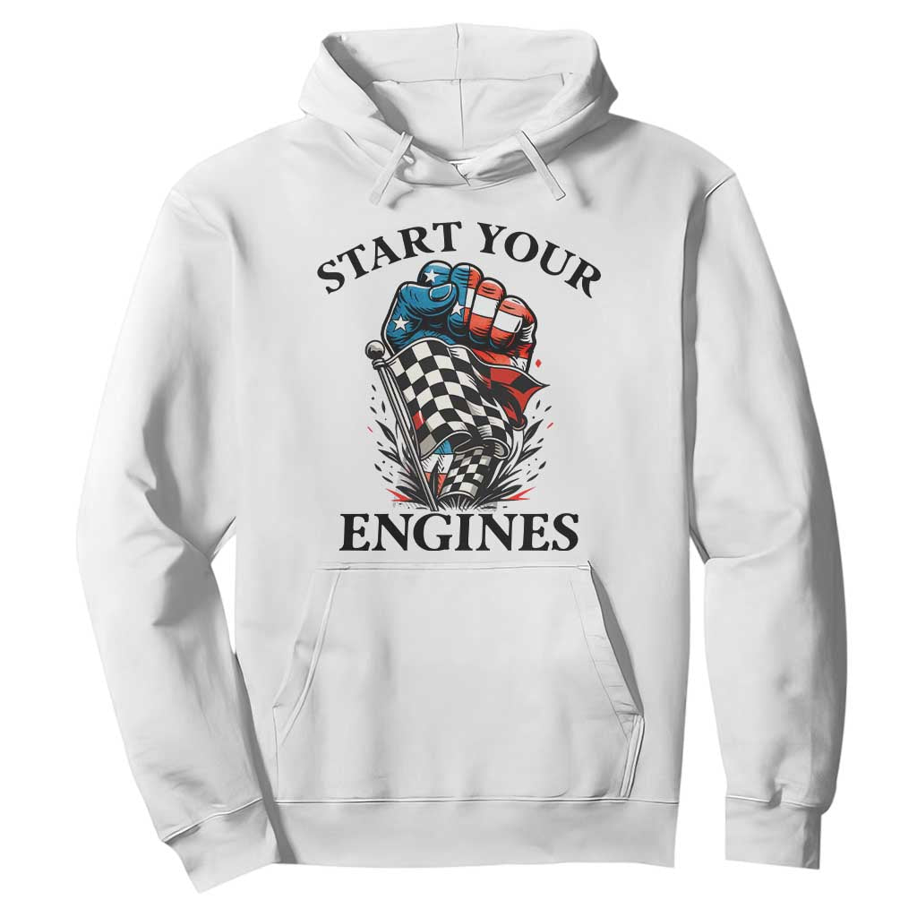Checkered American Flag Racing Hoodie Start Your Engines Race Car TS14 White Print Your Wear