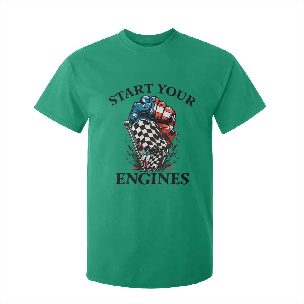 Checkered American Flag Racing T Shirt For Kid Start Your Engines Race Car TS14 Irish Green Print Your Wear
