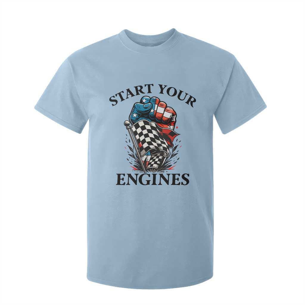 Checkered American Flag Racing T Shirt For Kid Start Your Engines Race Car TS14 Light Blue Print Your Wear