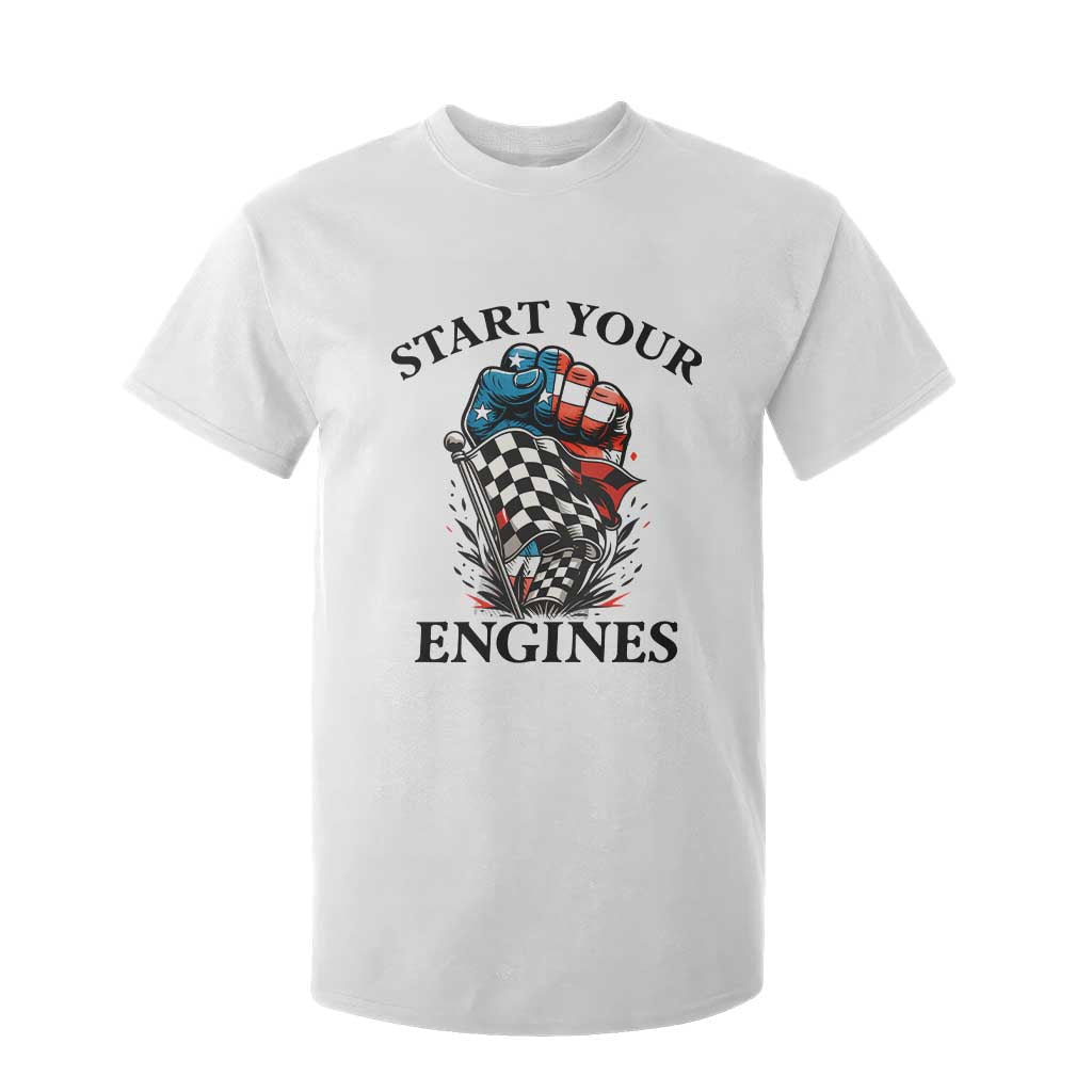 Checkered American Flag Racing T Shirt For Kid Start Your Engines Race Car TS14 White Print Your Wear