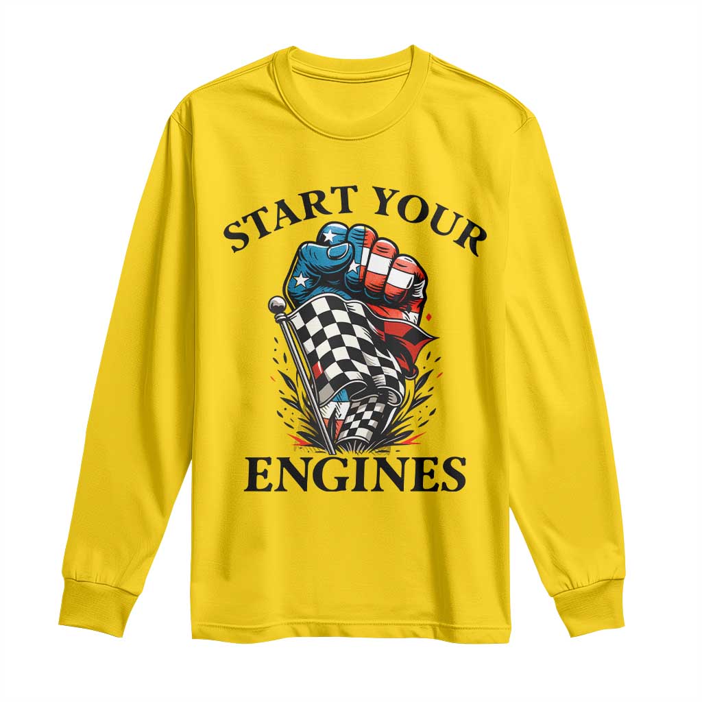 Checkered American Flag Racing Long Sleeve Shirt Start Your Engines Race Car TS14 Daisy Print Your Wear