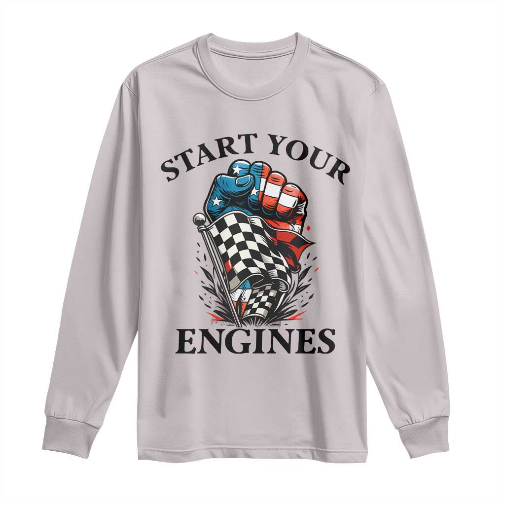 Checkered American Flag Racing Long Sleeve Shirt Start Your Engines Race Car TS14 Ice Gray Print Your Wear