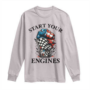 Checkered American Flag Racing Long Sleeve Shirt Start Your Engines Race Car TS14 Ice Gray Print Your Wear