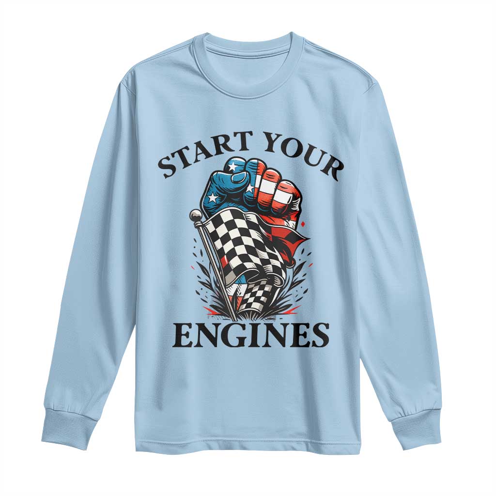 Checkered American Flag Racing Long Sleeve Shirt Start Your Engines Race Car TS14 Light Blue Print Your Wear