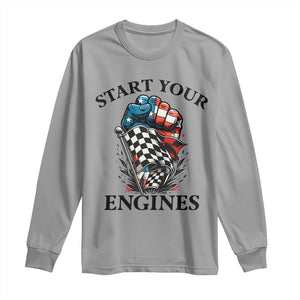 Checkered American Flag Racing Long Sleeve Shirt Start Your Engines Race Car TS14 Sport Gray Print Your Wear