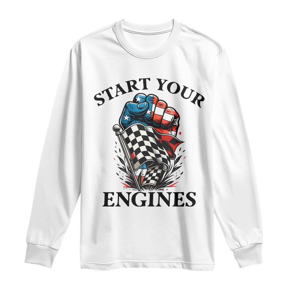 Checkered American Flag Racing Long Sleeve Shirt Start Your Engines Race Car TS14 White Print Your Wear
