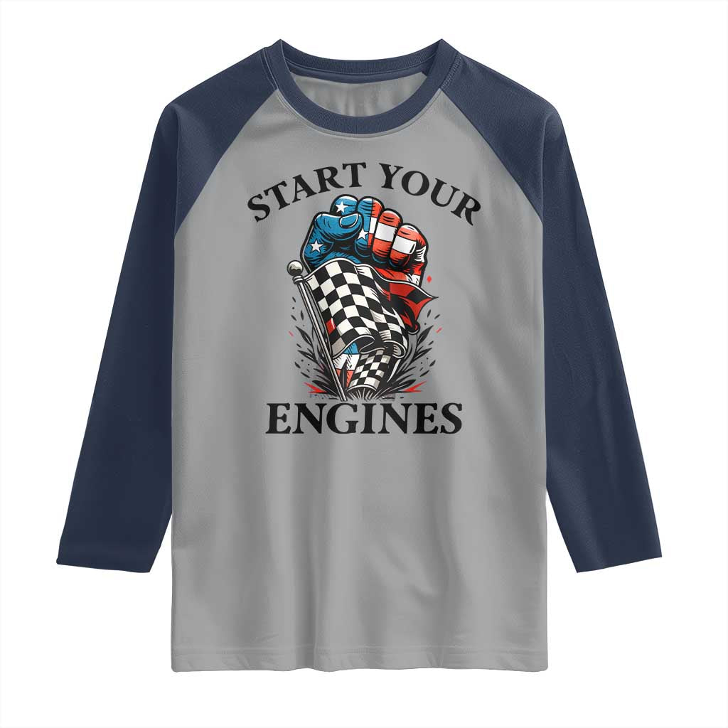Checkered American Flag Racing Raglan Shirt Start Your Engines Race Car TS14 Sport Gray Navy Print Your Wear