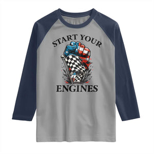 Checkered American Flag Racing Raglan Shirt Start Your Engines Race Car TS14 Sport Gray Navy Print Your Wear