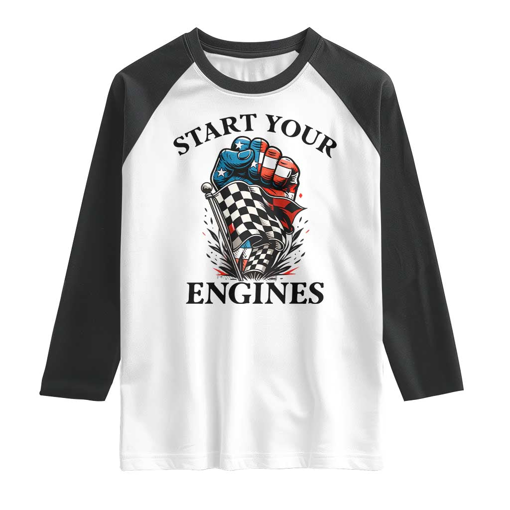 Checkered American Flag Racing Raglan Shirt Start Your Engines Race Car TS14 White Black Print Your Wear